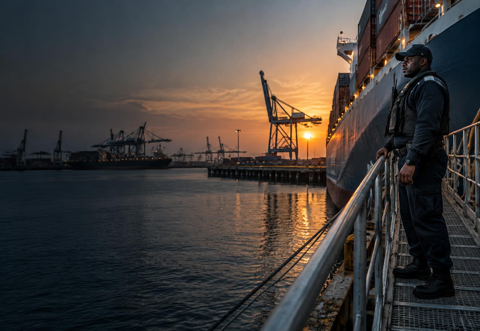 Maritime security officer protecting a vessel in port